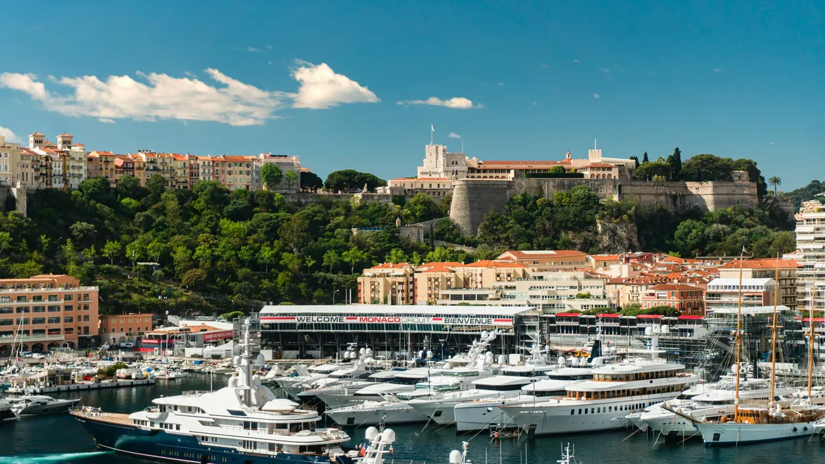 Monaco harbour filled with yachts below the old town