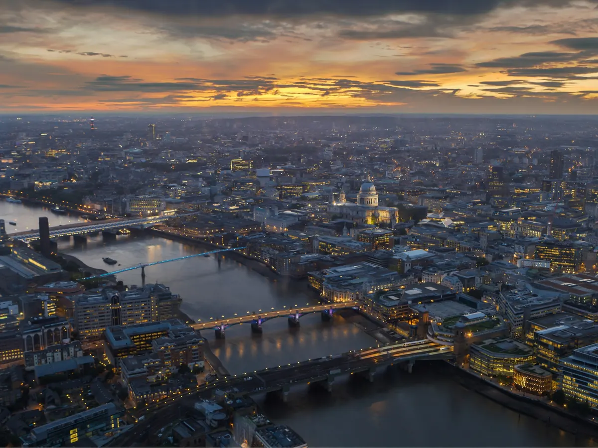 London and the Thames from the air at dusk
